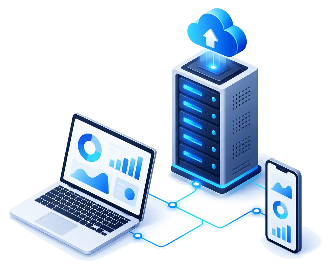 Server, laptop en telefoon verbonden met de cloud