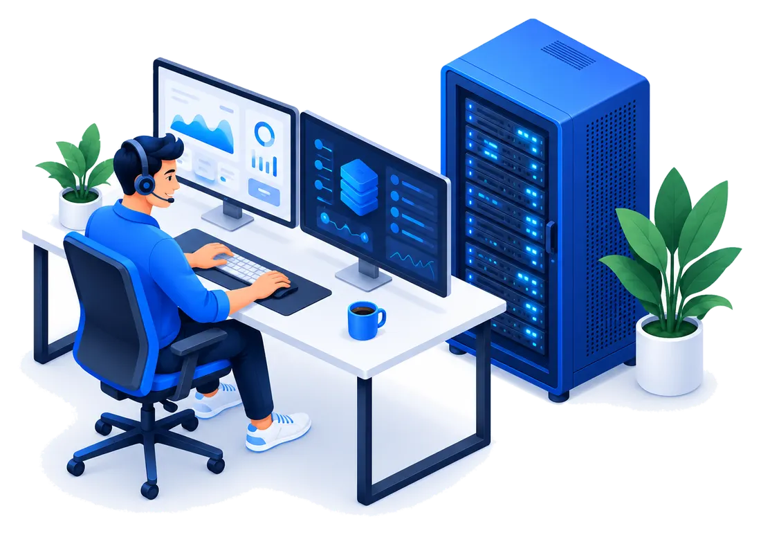 Supportmedewerker met headset naast een serverkast
